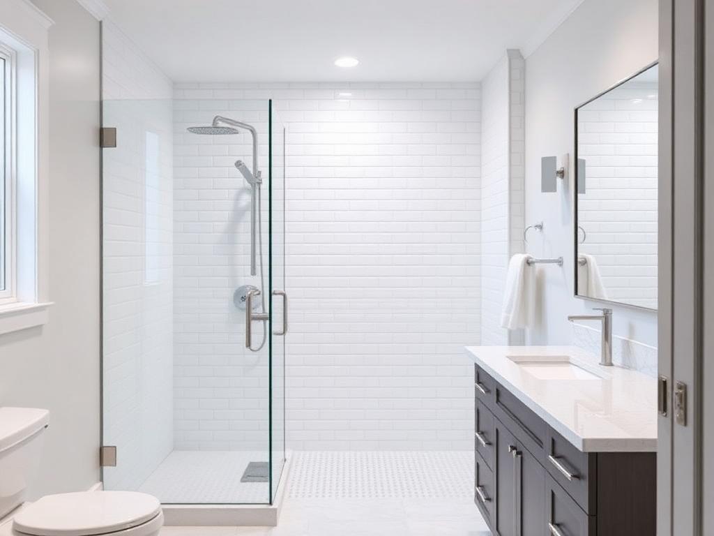 Illustration of a bathroom with a white subway tile walk-in shower, frameless glass panel and quartz-top vanity