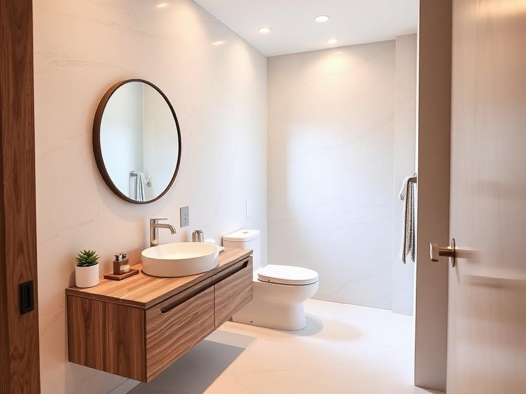 Illustration of a guest bathroom with large-format porcelain floor tile, floating wood vanity, vessel sink and round mirror