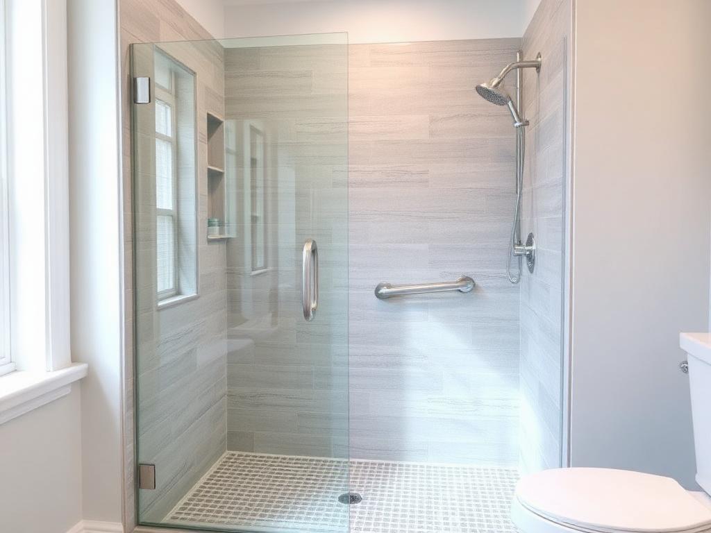 Illustration of a curbless walk-in shower with gray stone-look tile, glass panel, grab bar and mosaic shower floor