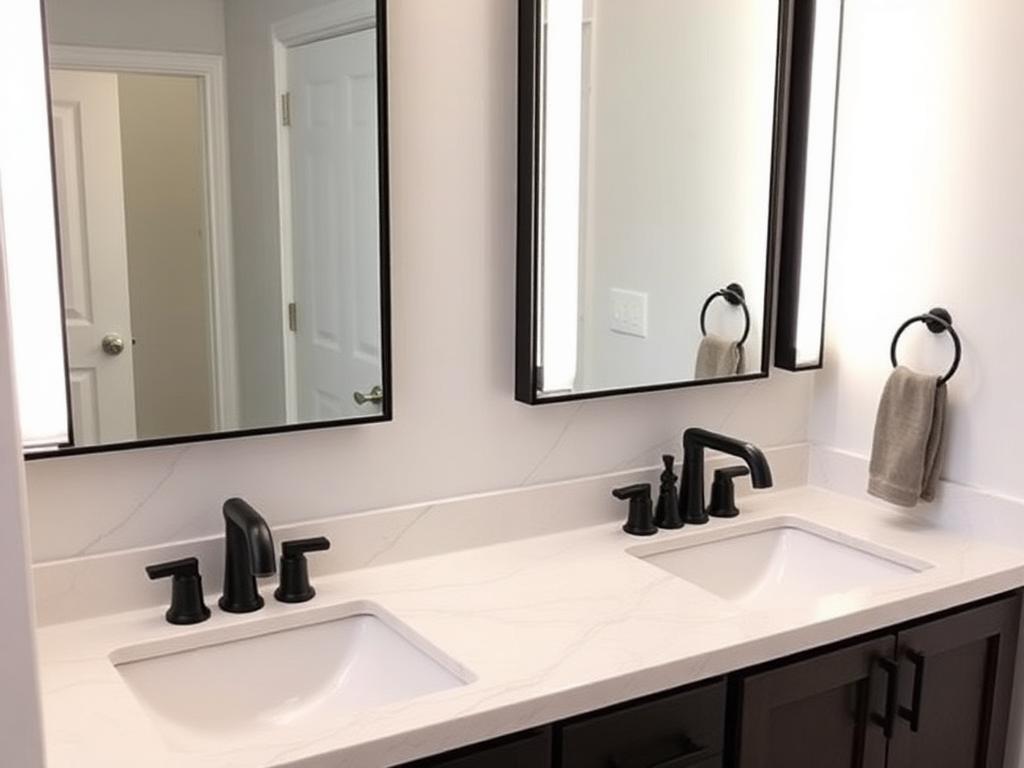 Illustration of a primary bathroom with a quartz double vanity, two undermount sinks, matte black faucets and backlit mirrors