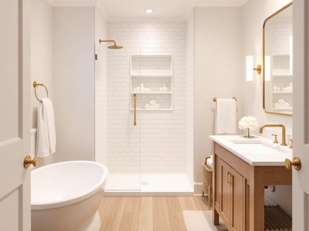 Illustration of a bathroom with a white tiled niche shower, wood-look plank flooring, brushed brass fixtures and a soaking tub