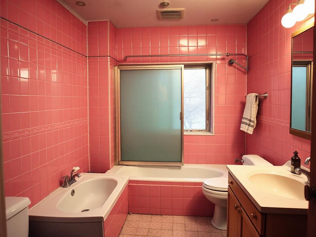 Illustration of a dated hall bathroom with pink wall tile, an old tub behind sliding glass doors and a worn oak vanity
