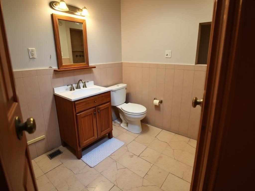 Illustration of a small guest bathroom with cracked beige floor tile, dated oak vanity and yellowed framed mirror