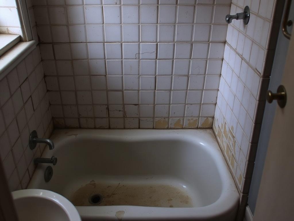 Illustration of a bathtub surround with mildewed grout lines, peeling caulk and a stained tub