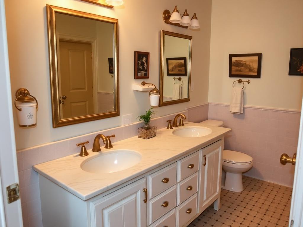 Illustration of a primary bathroom with a cultured marble double vanity, brass faucets and gold framed mirrors