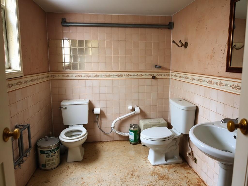 Illustration of a condo bathroom with stained vinyl flooring, dated tile wainscot with floral border and exposed plumbing
