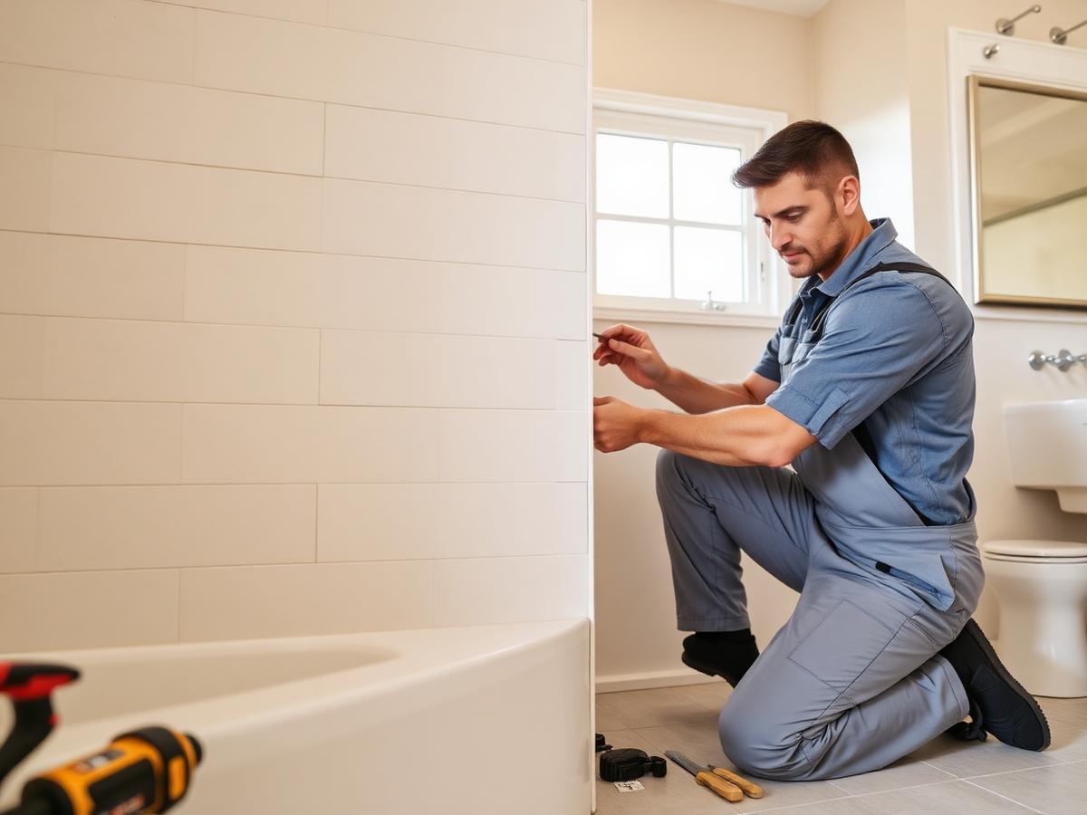 Illustration of a technician setting wall tile during a bathroom remodel